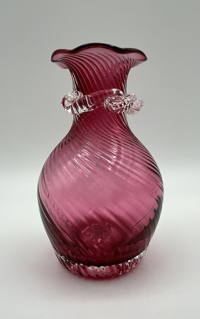 Pilgrim Cranberry Glass Hand Blown Optic Swirl Bud Vase 4.5” Applied Ribbon
